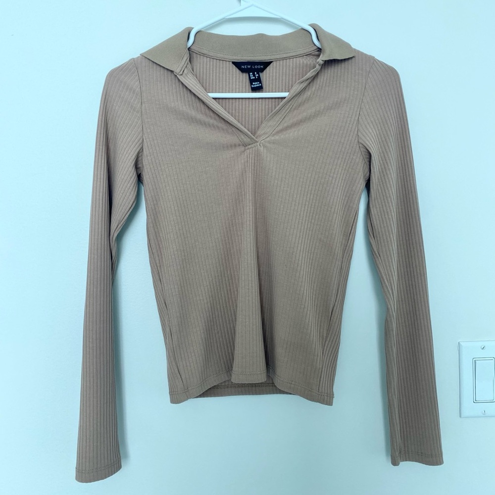 Nude Knit Collared Ribbed V-Neck Shirt